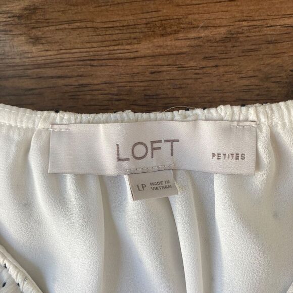 Loft Ivory Black & White Polka Dot Blouse Womens Large Petite Ruffle Collar - Picture 4 of 8